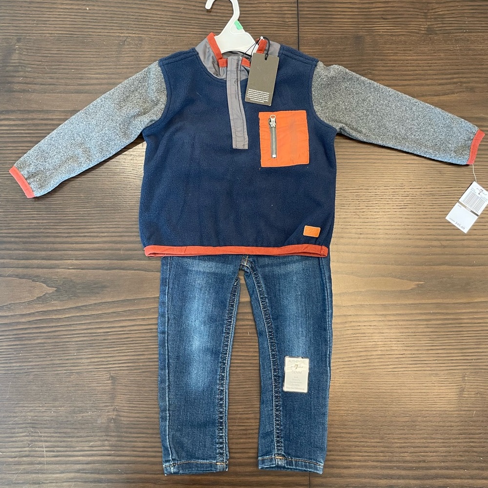 NWT 7 For All Mankind 2-piece boys outfit - fleece jacket & blue jeans - 18M